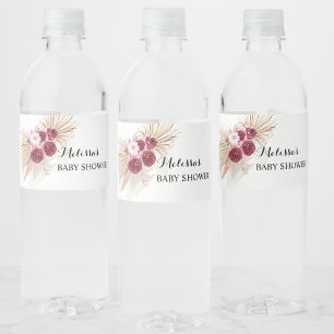 Boho Burgundy Pampas Grass  Water Bottle Label