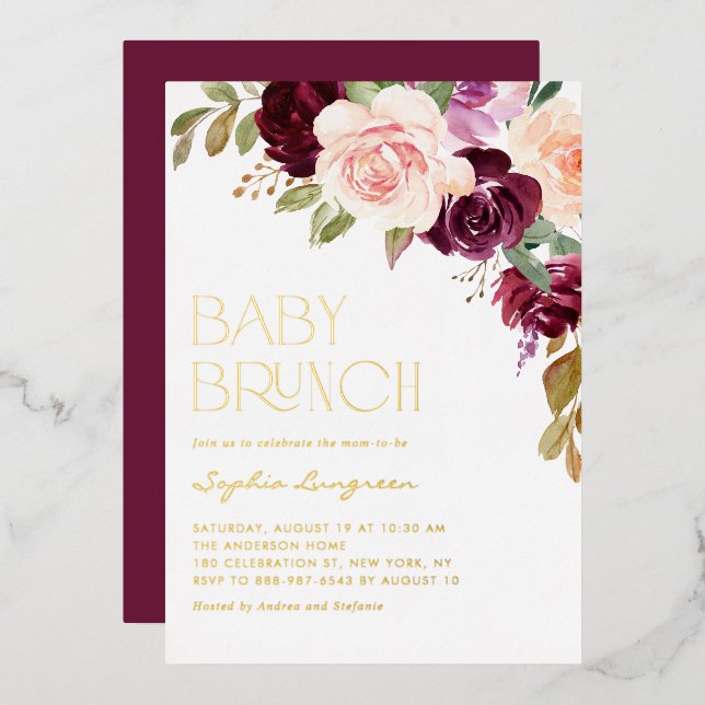 Boho Burgundy Peach Floral Fall Baby Shower Brunch (Front/Back)