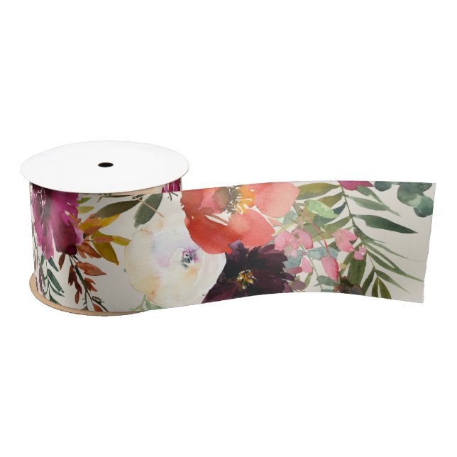 Boho Burgundy + Peach Watercolor Floral Ribbon Satin Ribbon (Spool)
