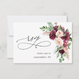 Boho Burgundy & Pink Floral & Greenery w Meal RSVP Card
