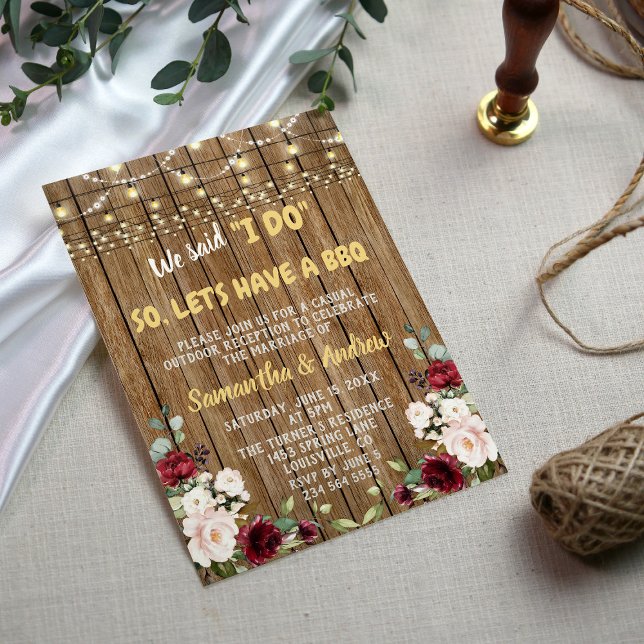Boho Burgundy Pink Floral Old Wood I DO BBQ Invitation (Creator Uploaded)