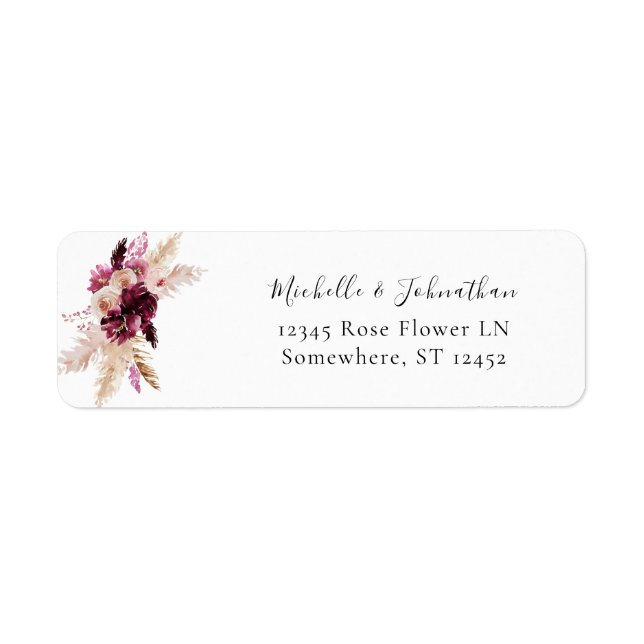 Boho Burgundy & Pink Floral Pampas Return Address (Front)