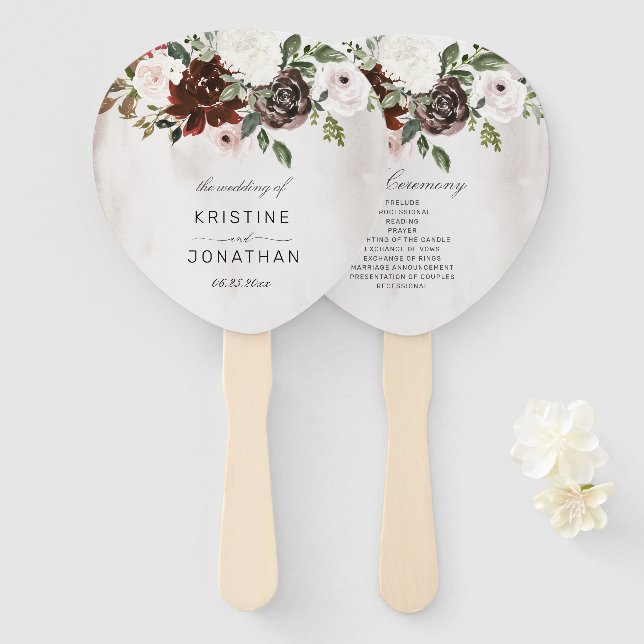 Boho Burgundy Pink Rose Floral Wedding Program  Hand Fan (Front and Back)
