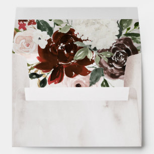 Boho Burgundy Pink Rose Watercolor Floral Wedding Envelope