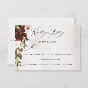 Boho Burgundy Pink Rose Watercolor Floral Wedding RSVP Card