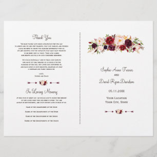 Boho Burgundy Red Marsala Floral Wedding Program