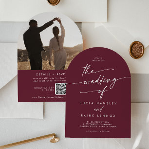 Boho Burgundy Red Photo QR Code Arch Wedding Invitation