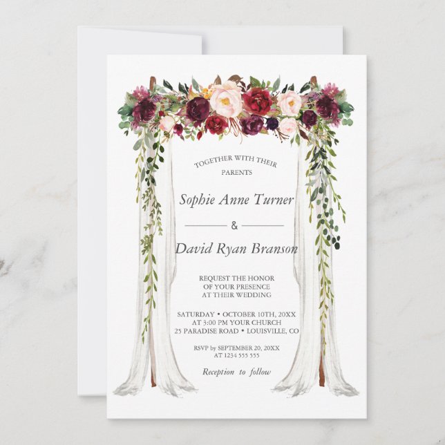 Boho Burgundy Red Pink Floral  Canopy Wedding Invitation (Front)