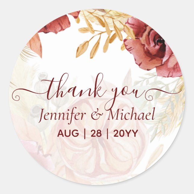 BOHO Burgundy Rose Pampas Grass Wedding Classic Round Sticker (Front)
