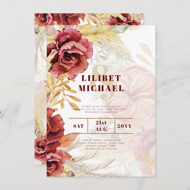 BOHO Burgundy Rose Pampas Grass Wedding Invitation (Front/Back)