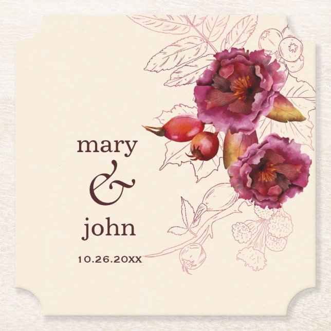 Boho Burgundy Rose Tracery Paper Coaster (Front)