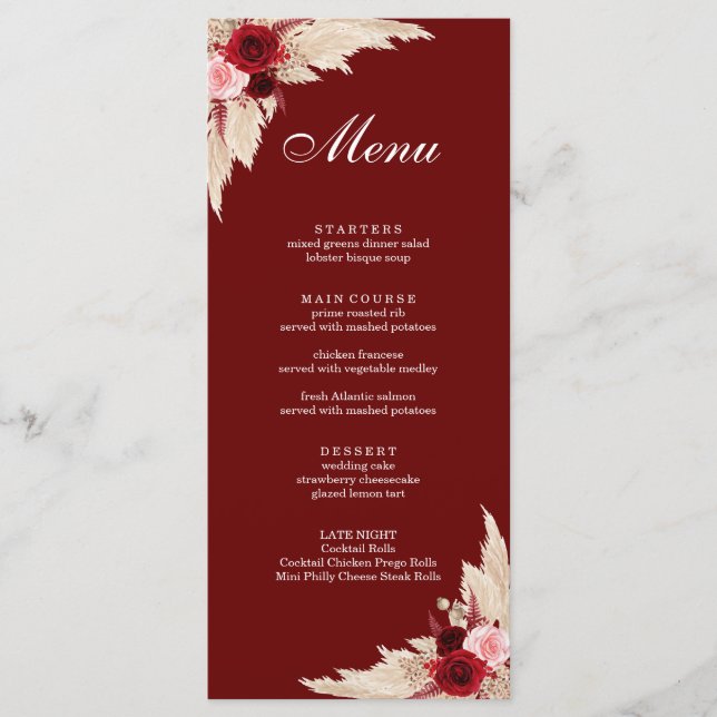 Boho Burgundy Roses and Pampas Grass Menu (Front)