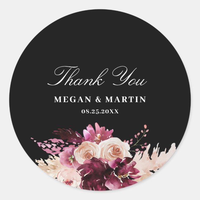 Boho Burgundy Roses Black Thank You   Classic Round Sticker (Front)