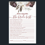 Boho Burgundy Roses fall Bridal Shower Game Flyer<br><div class="desc">Who knows the Bride best Bridal shower game. Fall boho burgundy roses design.</div>