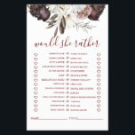 Boho Burgundy Roses fall Bridal Shower Game Flyer<br><div class="desc">Who knows the Bride best Bridal "Would she rather" shower game. Fall boho burgundy roses design.</div>