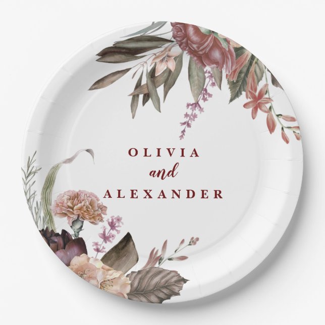 Boho Burgundy Roses fall floral wedding Paper Plate (Front)