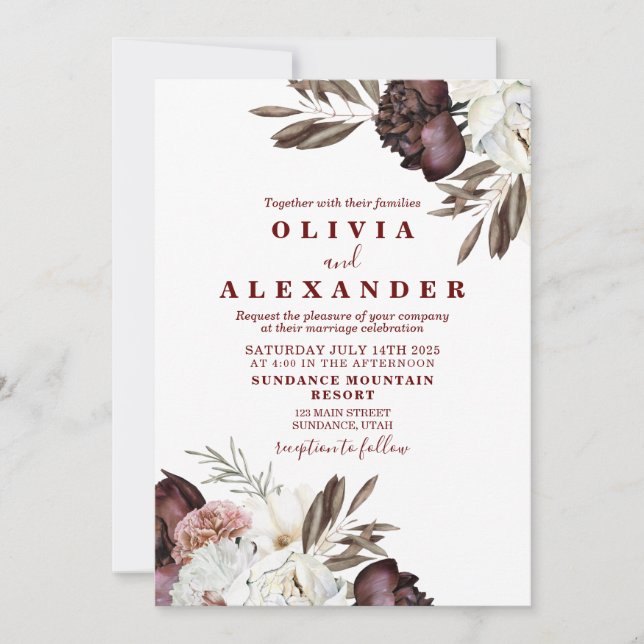 Boho Burgundy Roses fall wedding Invitation (Front)
