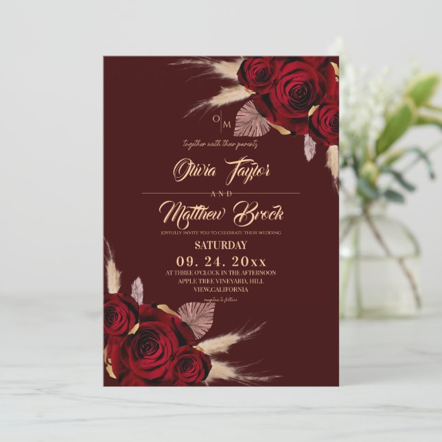  Boho Burgundy Roses Floral Wedding Invitation (Standing Front)