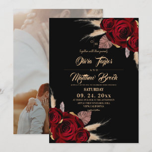  Boho Burgundy Roses Floral Wedding Invitation