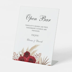 Boho Burgundy Roses Pampas Grass Open Bar Pedestal Sign
