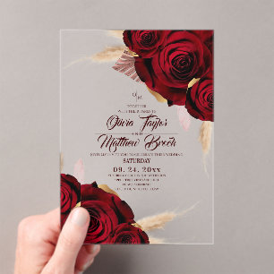 Boho Burgundy Roses Pampas Grass Wedding Acrylic Invitations