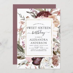 Boho Burgundy Sweet 16 Birthday Floral Invitation