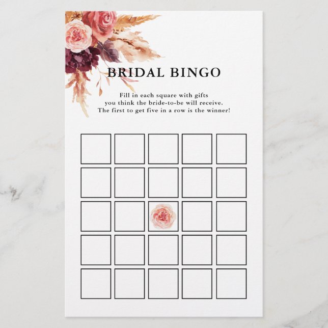 Boho Burgundy Terracotta Floral Bridal Shower Game (Front)