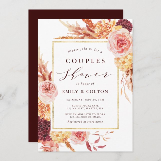 Boho Burgundy Terracotta Floral Couples Shower Invitation (Front/Back)