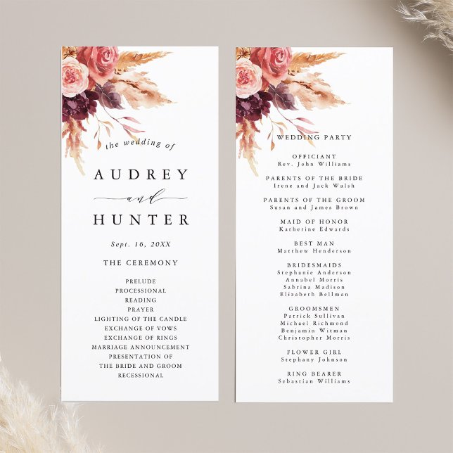 Boho Burgundy Terracotta Floral Wedding Programme (Front & Back)