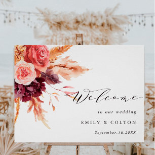 Boho Burgundy Terracotta Floral Wedding Welcome  Poster