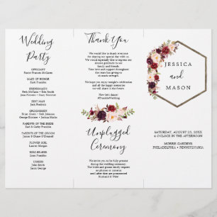 Boho Burgundy Tri-Fold Wedding Program Flyer
