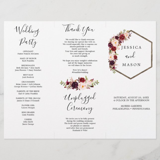Boho Burgundy Tri-Fold Wedding Program Flyer (Front)