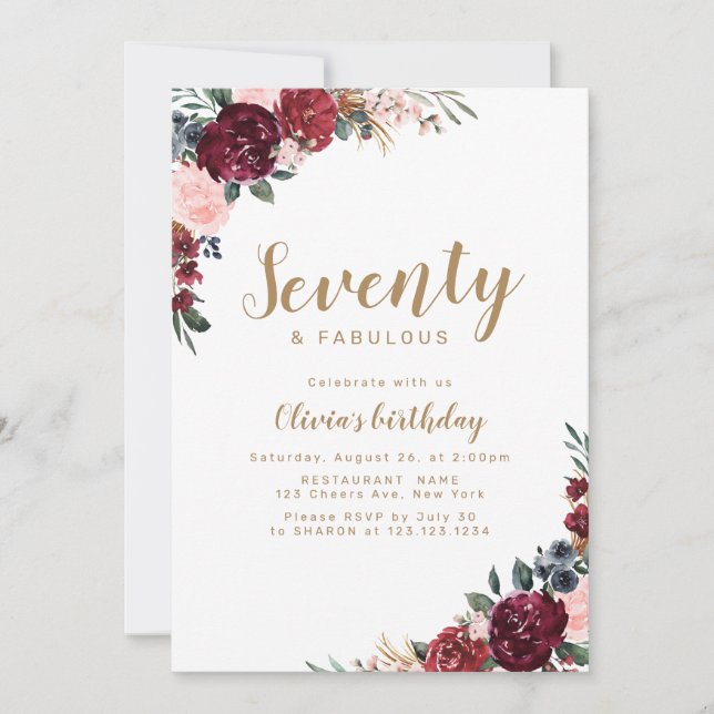 Boho burgundy watercolor floral 70th birthday invitation (Front)