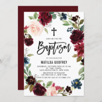 Boho Burgundy Watercolor Floral Wreath Baptism