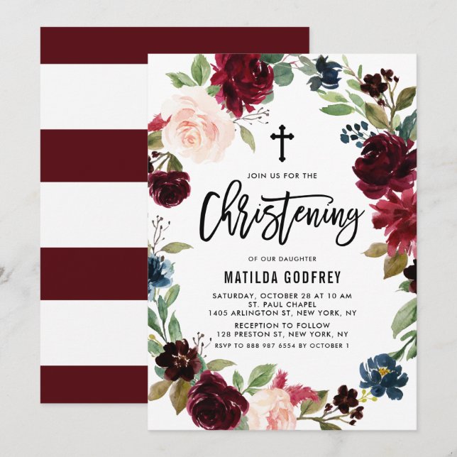 Boho Burgundy Watercolor Floral Wreath Christening Invitation (Front/Back)