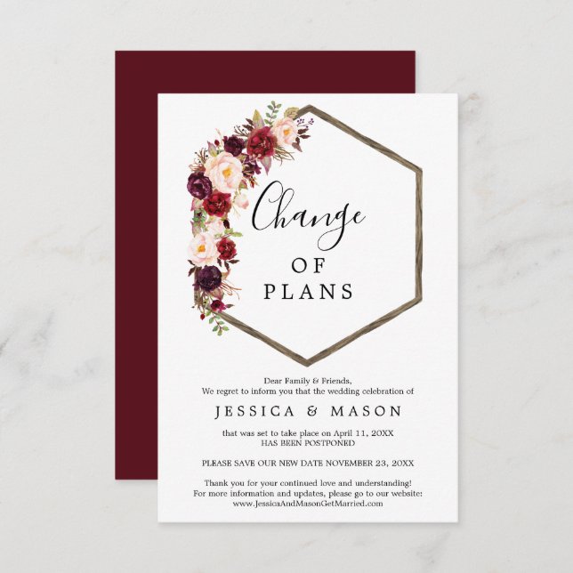 Boho Burgundy Wedding Postponed Announcement (Front/Back)