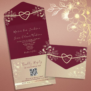 Boho Burgundy Wedding QR Code All In One Invitation