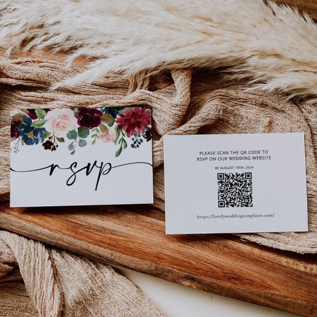 Boho Burgundy  Wedding RSVP QR Code Card (Creator Uploaded)