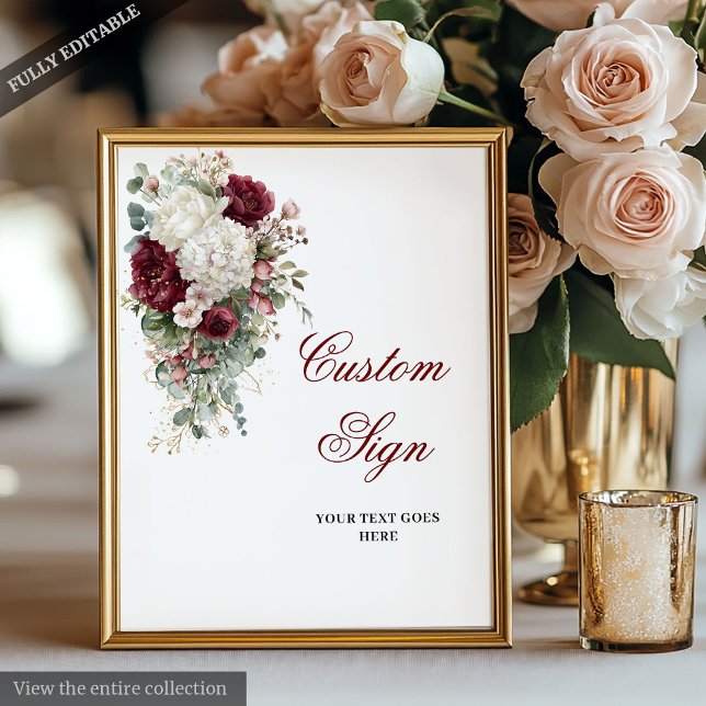 Boho Burgundy White Elegant Floral Wedding Sign (Boho Burgundy White Elegant Floral Wedding Sign)