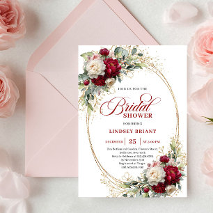 Boho Burgundy White Floral Gold Bridal Shower Invitation