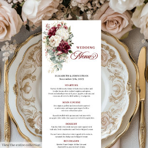 Boho burgundy white gold floral wedding menu card