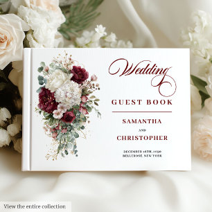 Boho burgundy white gold roses wedding guest book
