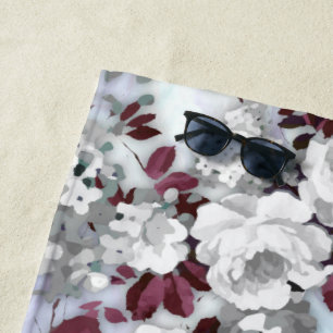 Boho burgundy white pastel marble floral pattern beach towel