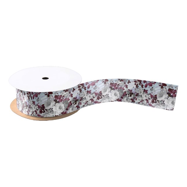 Boho burgundy white pastel marble floral pattern satin ribbon (Spool)