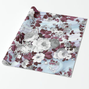 Boho burgundy white pastel marble floral pattern wrapping paper