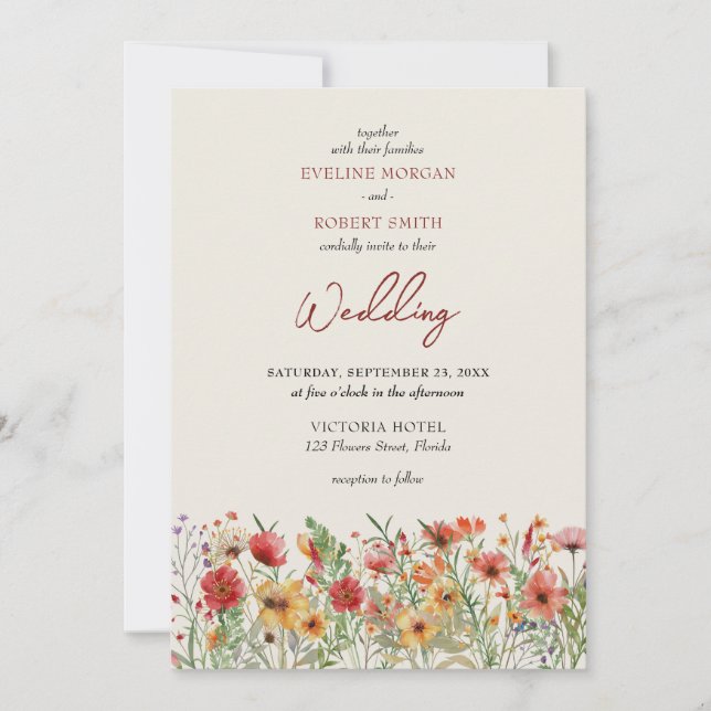 Boho burgundy wild flowers autumn wedding invitation (Front)
