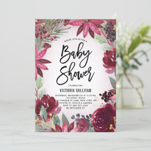 Boho Burgundy Winter Floral Frame Baby Shower Invitation