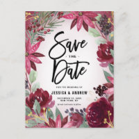 Boho Burgundy Winter Floral Frame Save the Date