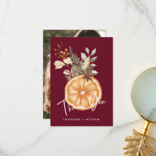 Boho Burgundy Winter Holiday Wedding Dried Orange Thank You Card