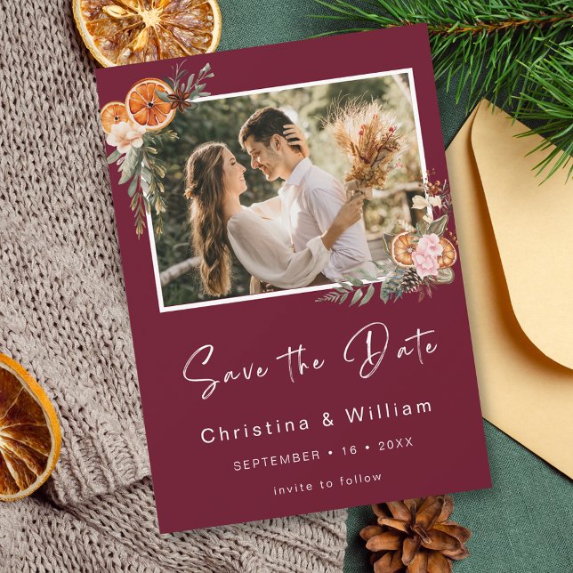 Boho Burgundy Winter Holiday Wedding Save the Date Invitation (Creator Uploaded)
